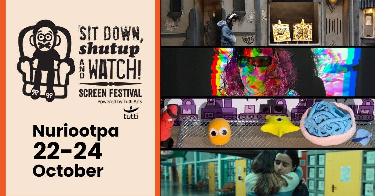 Sit Down, Shutup and Watch Screen Festival poster for Nuriootpa on October 22-24, powered by Tutti Arts, featuring film stills collage.